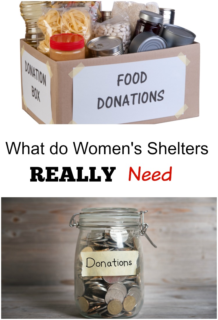 Donations box, Donations jar, Text that reads What do Women's Shelters Really Need