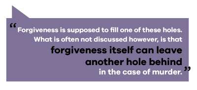 text reads: forgiveness is supposed to fill one of these holes. what is often not discussed however, is that forgiveness itself can leave another hole behind in the case of murder