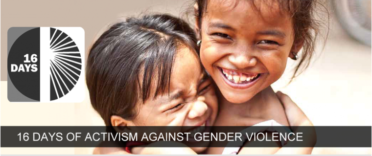 two young girls hugging and smiling. text reads: 16 days of activism against gender violence