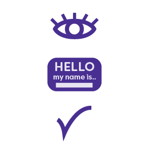 Image of eye, "hello my name is" sticker, and checkmark 