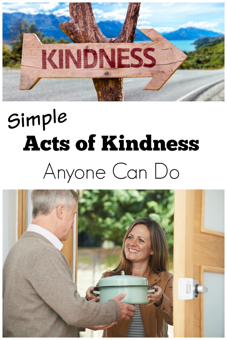 Arrow sign that says "Kindness." Below is woman giving food to man.