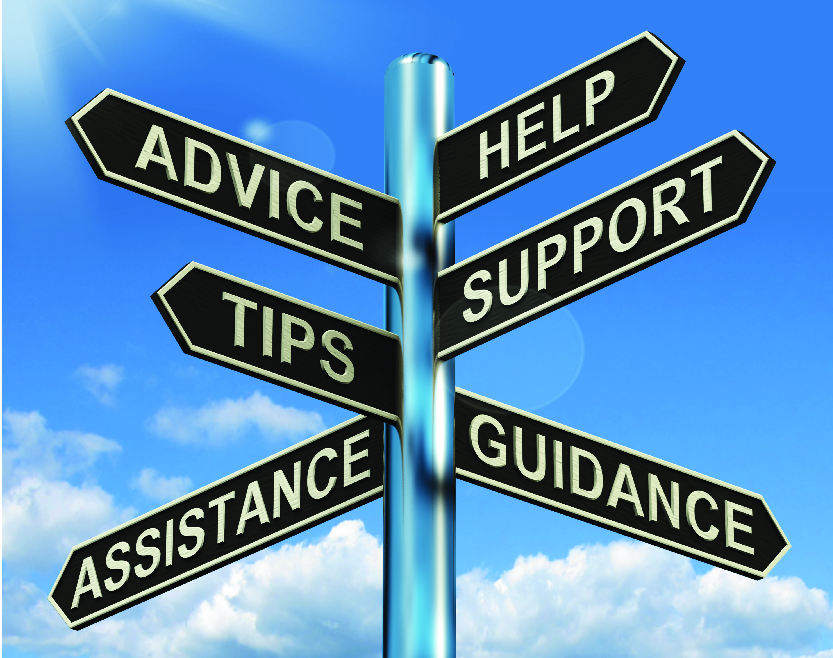 Street sign that says "Advice, Help, Tips, Support, Assistance, and Guidance." Pointing in different directions