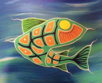 Painting of blue background, with green, orange, yellow and blue fish