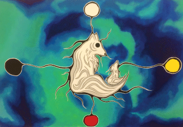 painting with blue background, white wolves, inspired by giving youth a voice, teachings and guiding, and the four colours of the medicine wheel - white, yellow, red, and black