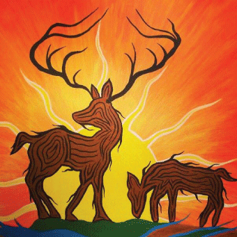 painting with orange and yellow background and deers, representing grace and beauty
