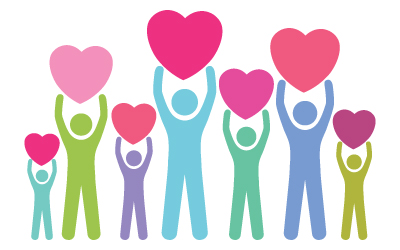 Drawing of people holding hearts up