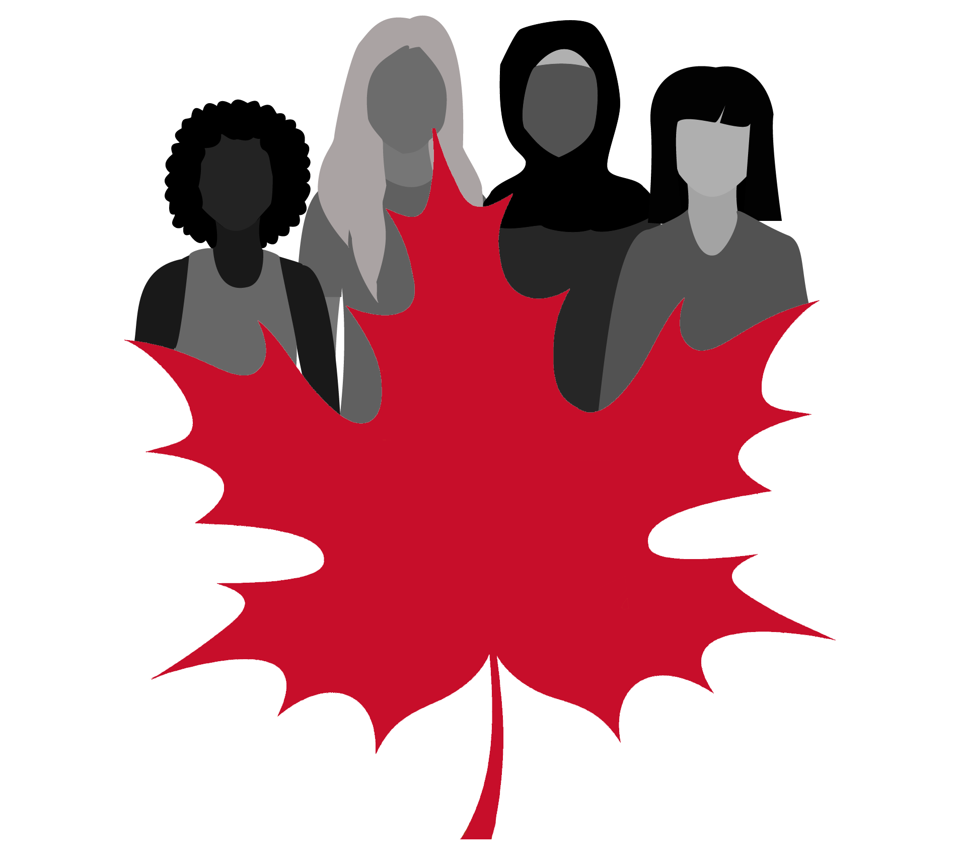Diverse Canadian women and maple leaf