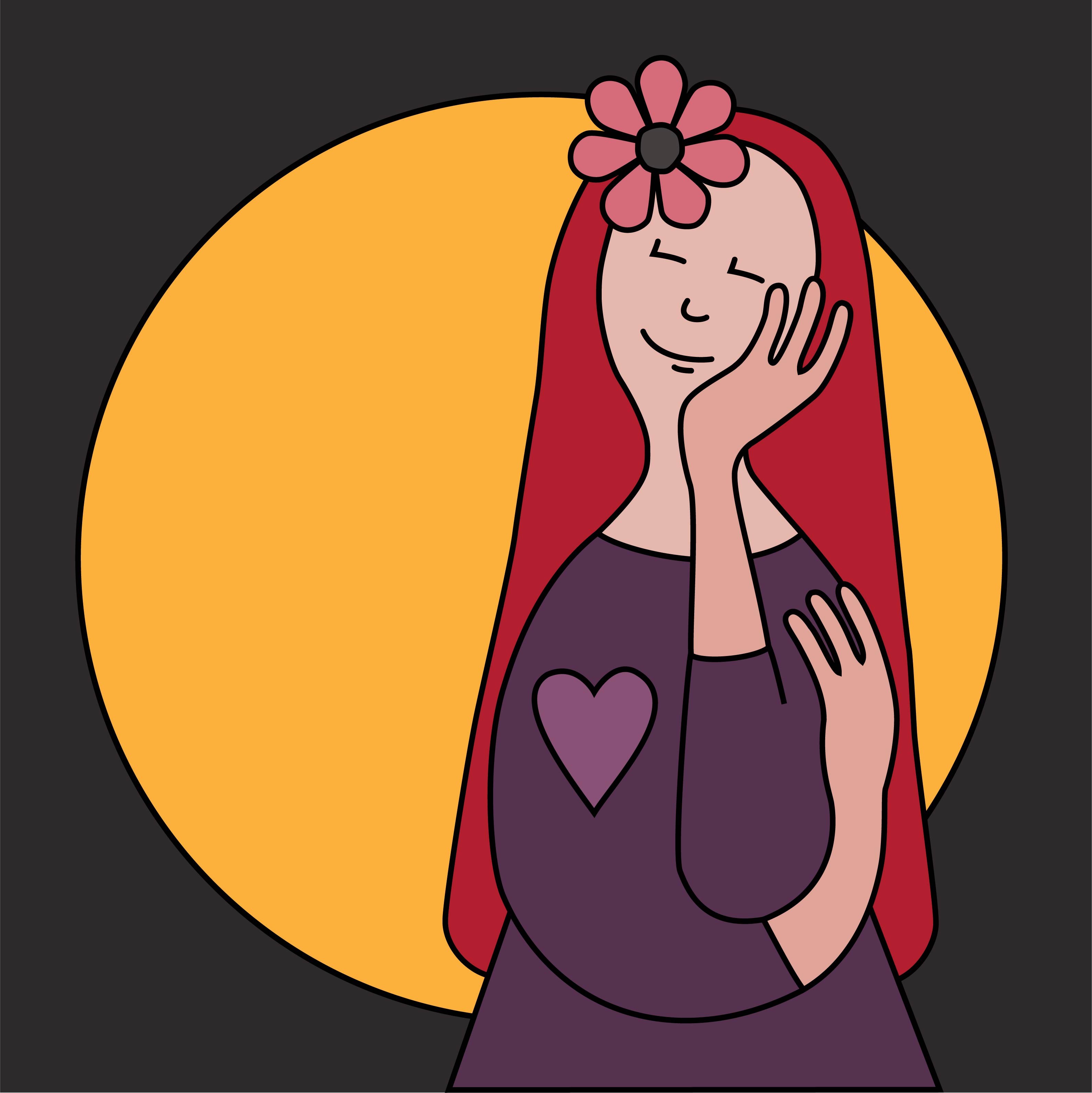 Grey background with yellow circle, drawing of woman with ong red hair, eyes closed looking happy