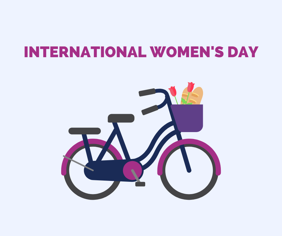 international woman's day graphic text with roses in a bike basket